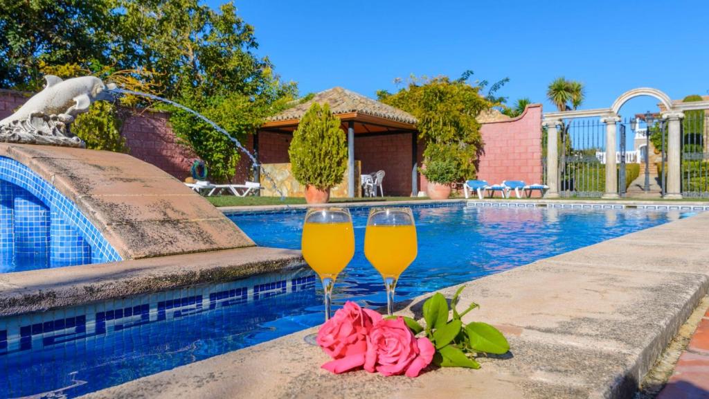 塞特尼尔Villa Rocio Setenil de las Bodegas by Ruralidays的两杯香槟酒,坐在游泳池旁