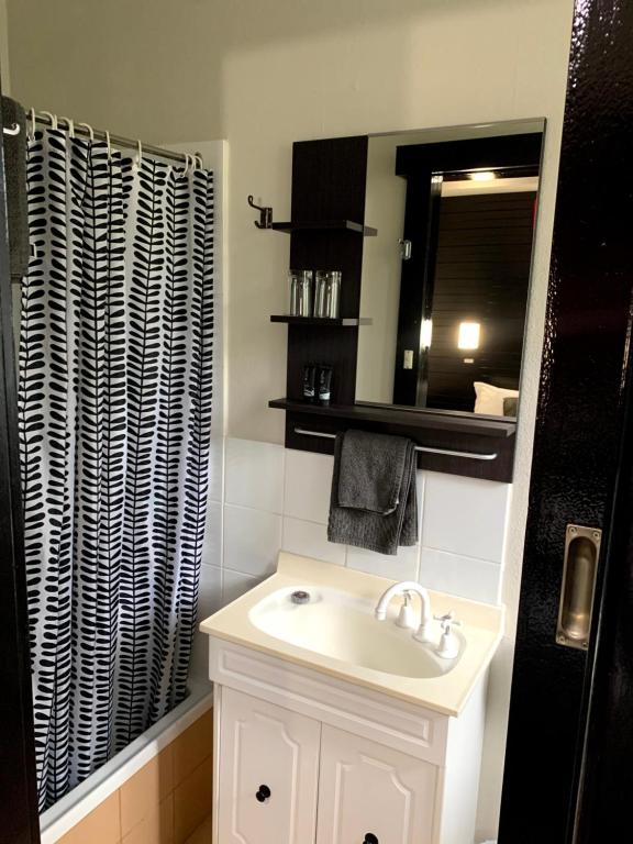 福尔斯克里克阿汤加高山旅馆及公寓山林小屋的一间带水槽和镜子的浴室