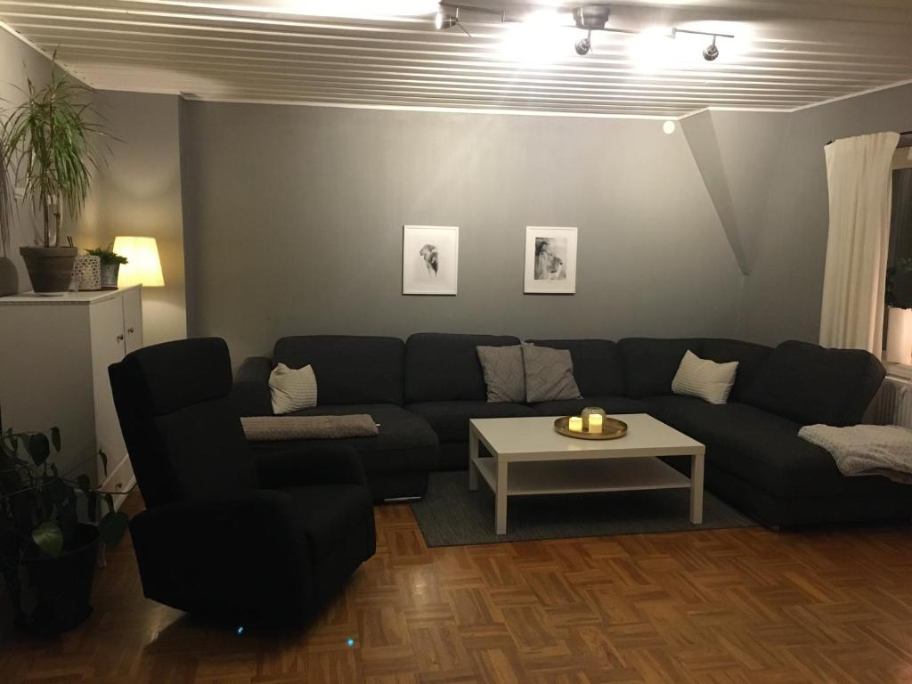 SundsbrukNebulosavägen 20的客厅配有黑色沙发和桌子