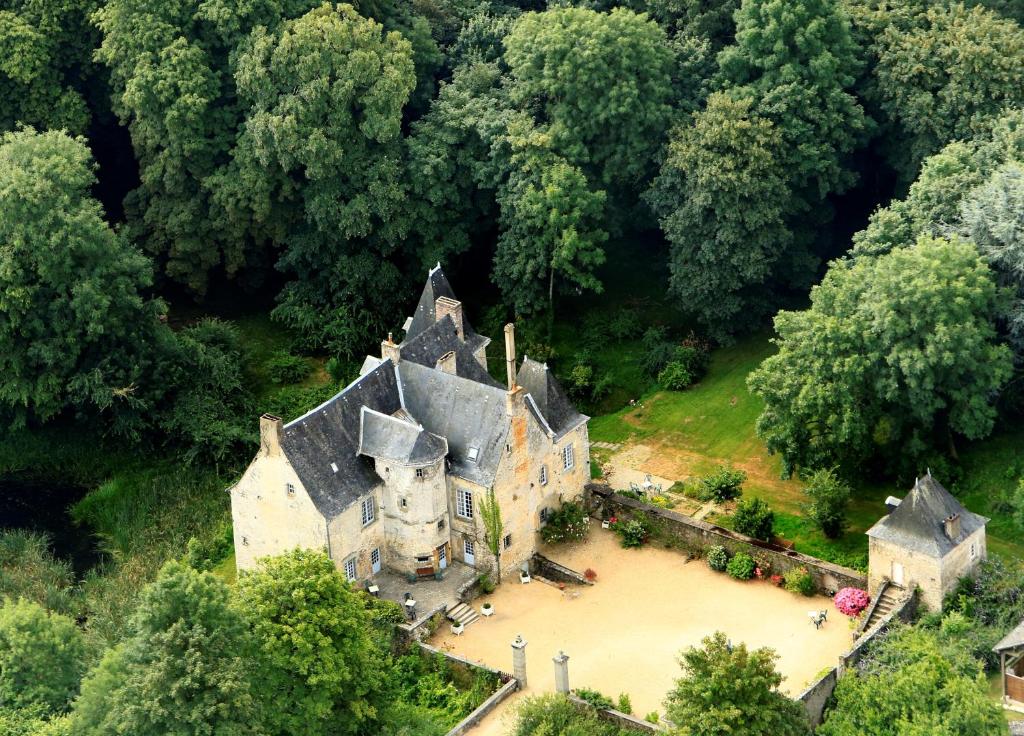 拉瓦勒马诺尔鲁斯酒店的树林中古老城堡的空中景观