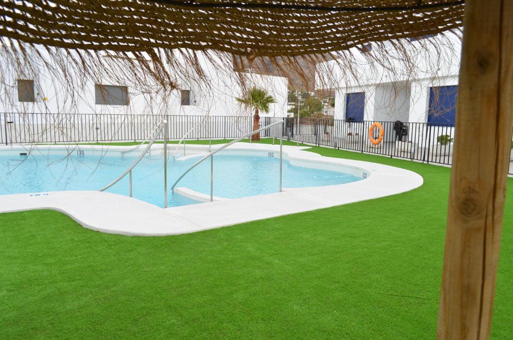 拉斯内格拉斯Apartamentos Cala San Pedro的绿色草地庭院中的游泳池