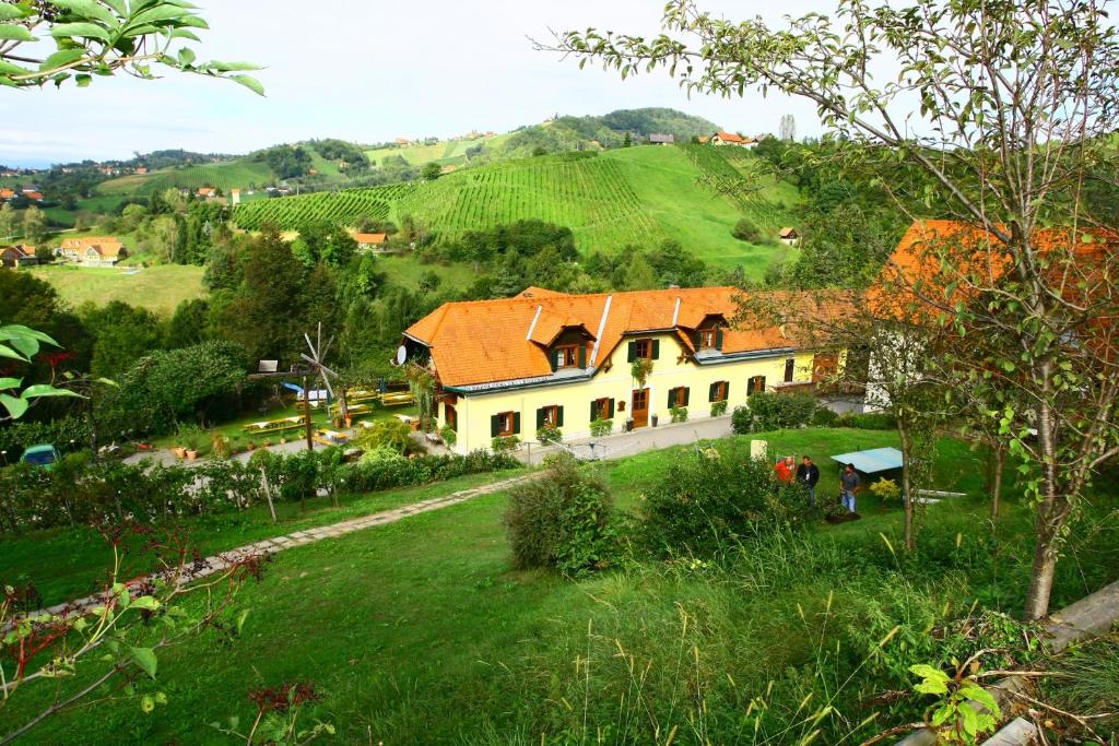 绍萨尔地区基策克葛诺斯古特洛伦茨乡村旅馆的山丘上带绿地的房子