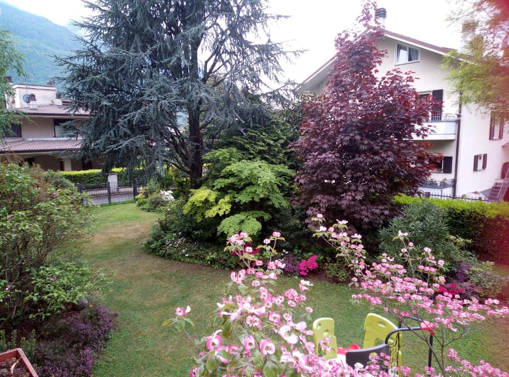 蒂拉诺B&B da Lori的一座种有粉红色花卉的花园及一座建筑