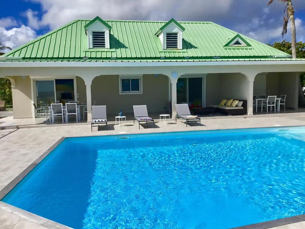 Oyster PondV2 Dream panorama of the ocean的一座带游泳池和绿色屋顶的房屋