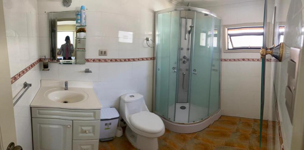 科伊艾科La Ruta de Aysén的带淋浴、卫生间和盥洗盆的浴室