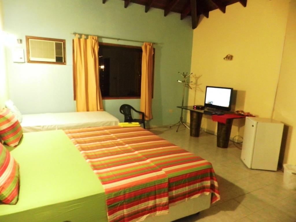 Luque住客旅馆的一间卧室配有一张床、一张书桌和一台电视
