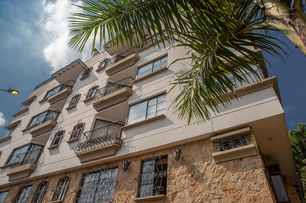 卡利Castellón de Juanambú的一座高大的白色建筑,设有窗户和棕榈树