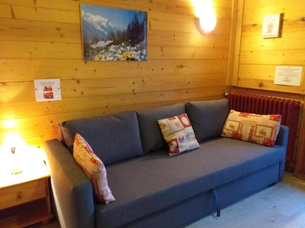 蒙热内夫尔南部公寓的配有木质墙壁的蓝色沙发