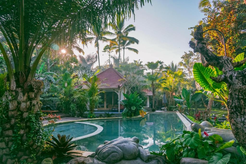 PenginyahanGovinda Villas的一座游泳池,位于一座房子前面,庭院里有一个海龟