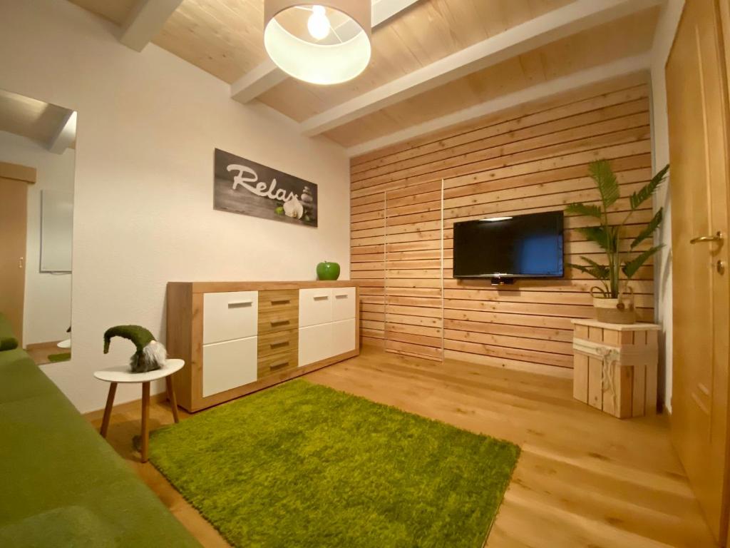 维尔德科格尔山麓布兰贝格AlpenApartment的一间配有电视和绿色地毯的客厅