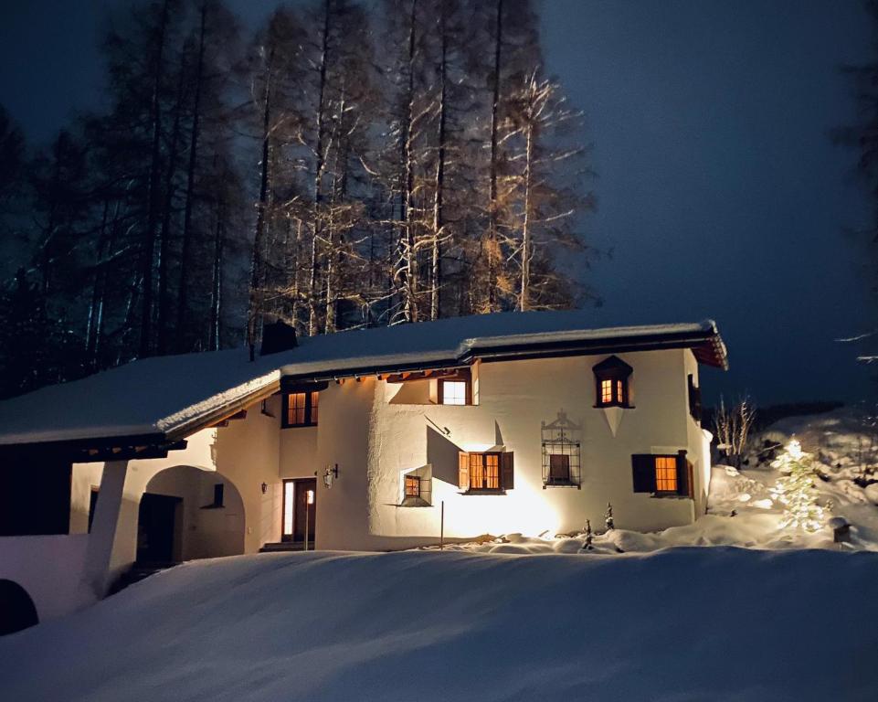 达沃斯Chalet Chesa Surlej, Davos的雪中有一棵圣诞树的房子