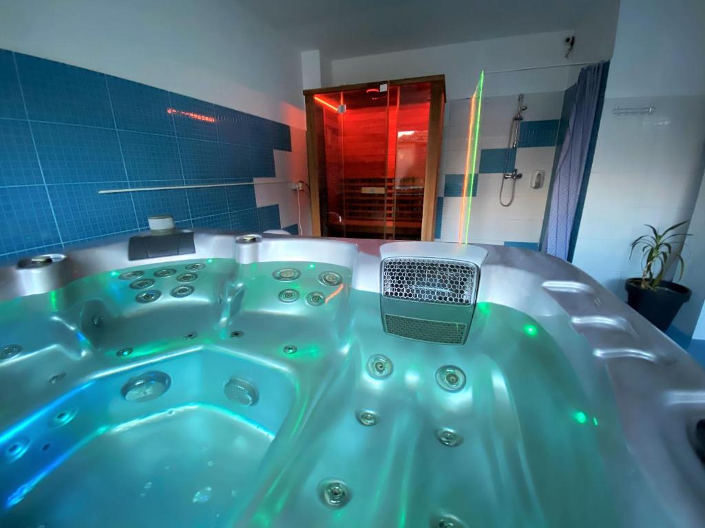 百乐费利克斯Vila Cristal的浴室设有蓝色浴缸,配有镜子