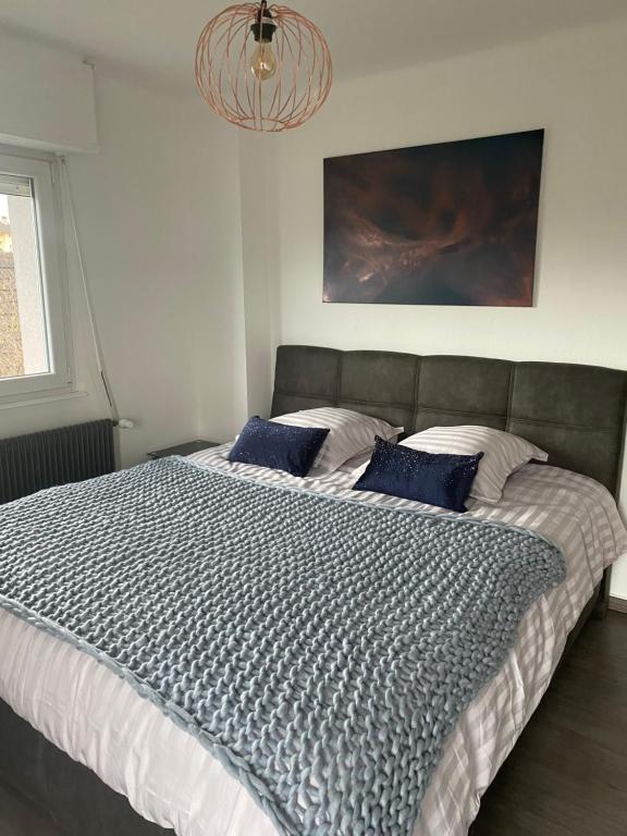 塞莱斯塔Gîte Célia的一间卧室配有一张带蓝色枕头的大床