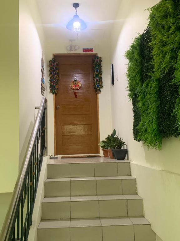 圣费尔南多Cozy Apartment near CSI Mall, San Fernando La Union的通往木门的楼梯,木门上种有植物