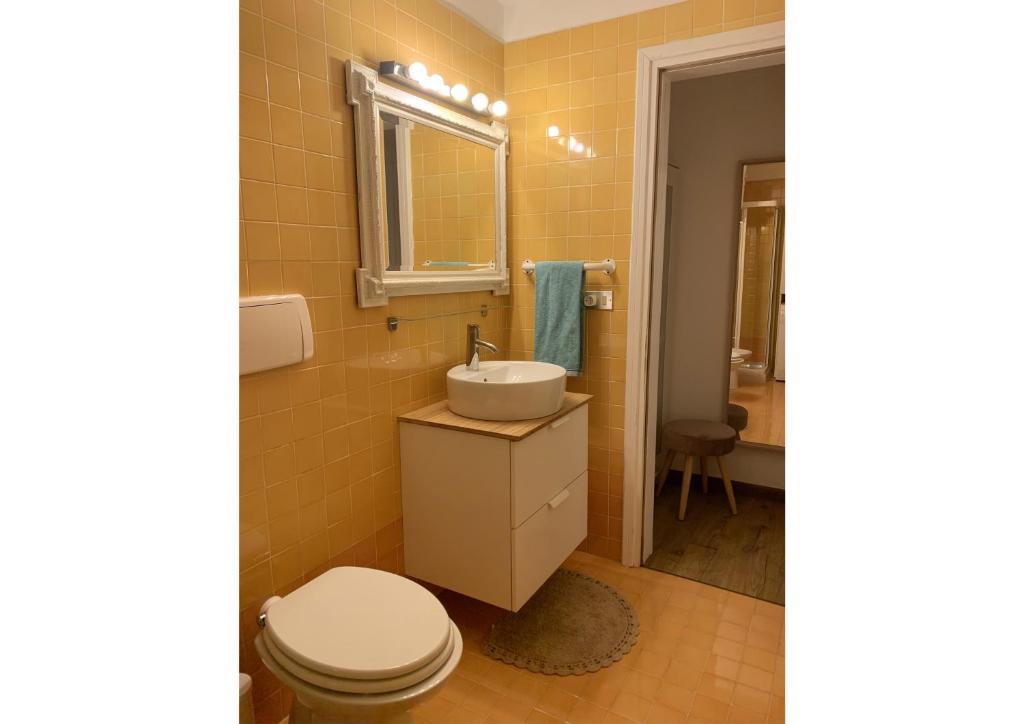 帕索圣佩莱格里诺Appartamento San Pellegrino的浴室配有白色卫生间和盥洗盆。