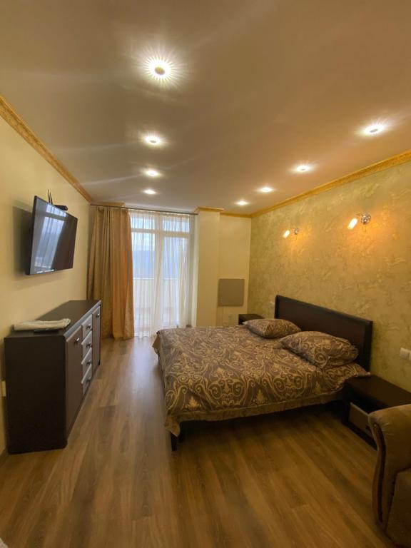 特鲁斯卡韦茨вул Роксолани , 16 центр 300 м до бювету的卧室配有一张床,墙上配有电视。