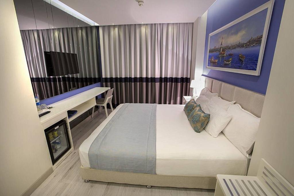 伊斯坦布尔Ravvda Hotel的酒店客房配有一张床、一张书桌和一台电脑