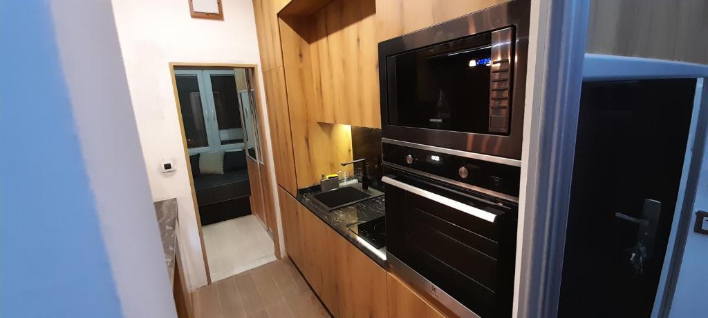 斯科普里Apartment Nenov的带微波炉的小厨房和电视。