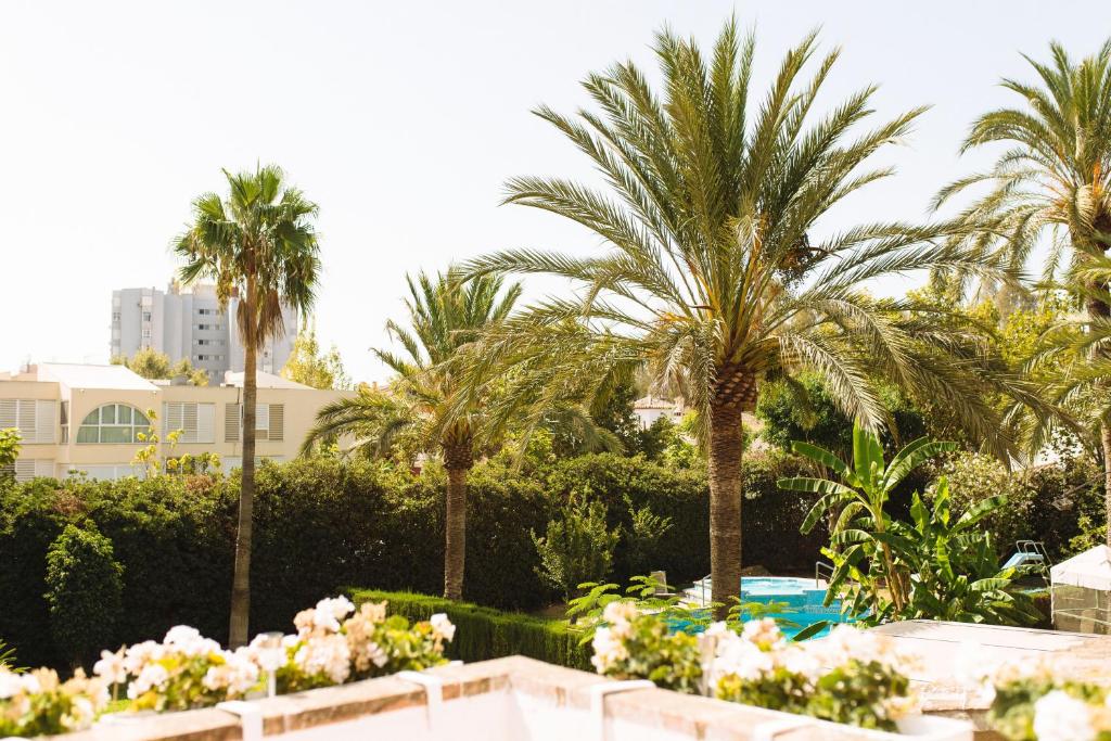 马拉加Blonski Guadalmar的享有棕榈树和鲜花花园的景色