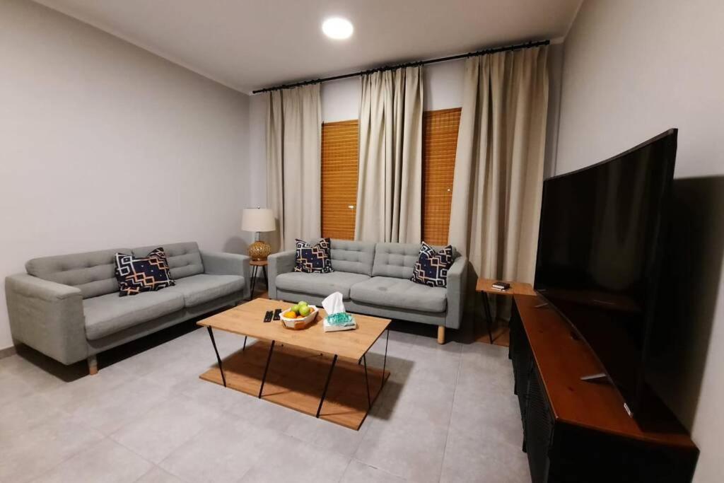 阿卜杜勒国王经济城سن رايز的带沙发和平面电视的客厅