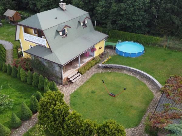 LubowidzAgroturystyka Siedlisko的享有带游泳池的房屋的空中景致