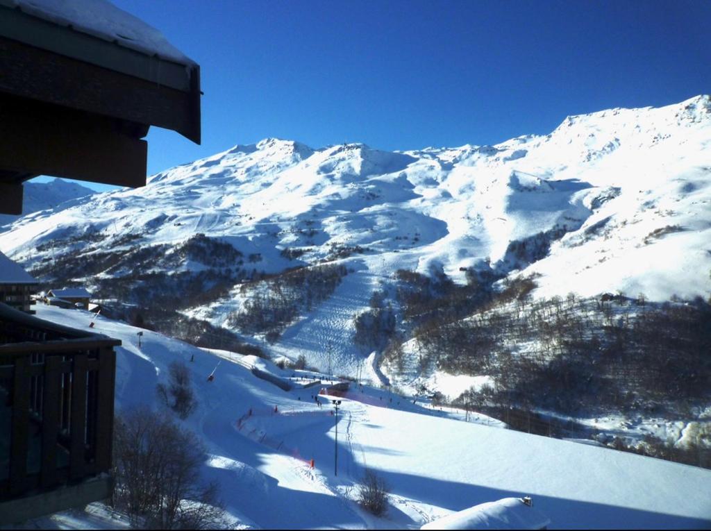 里蒙纽耶Les Menuires skis aux pieds的雪覆盖的山,有滑雪场