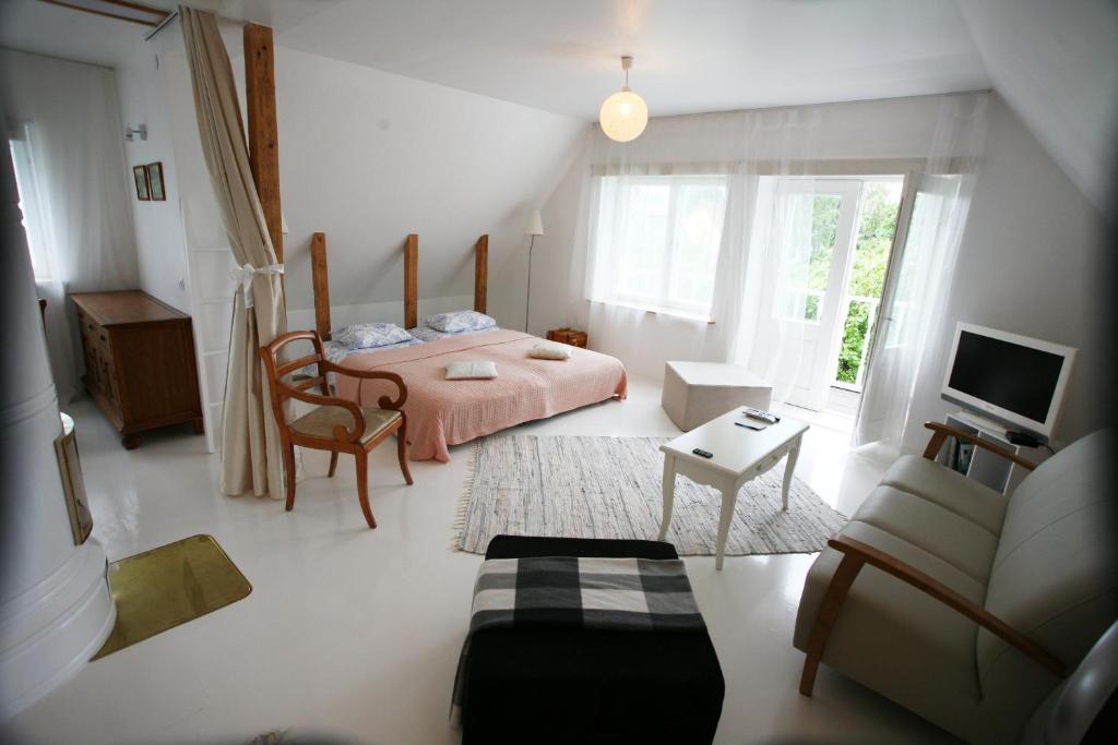 哈普萨卢Legendide Maja Kuurordiapartment Väikse viigi ääres的一间卧室配有一张床、一张沙发和一台电视。