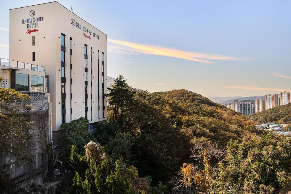 釜山Brown Dot Hotel Signature的一座树冠茂密的山顶上的建筑