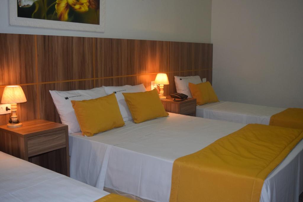 里约热内卢外交家科帕卡瓦纳酒店的酒店客房 - 带两张带黄色枕头的床
