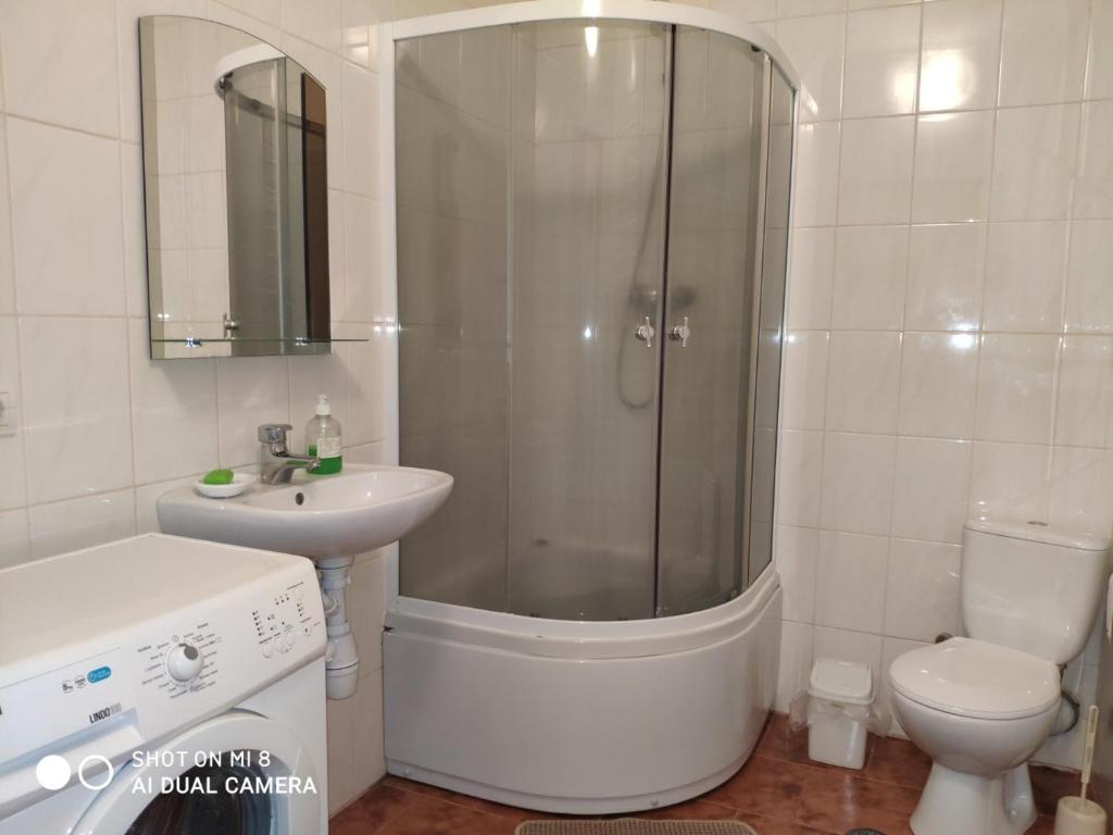 穆卡切沃Apartments Domovik "Elegance"的带淋浴、盥洗盆和卫生间的浴室