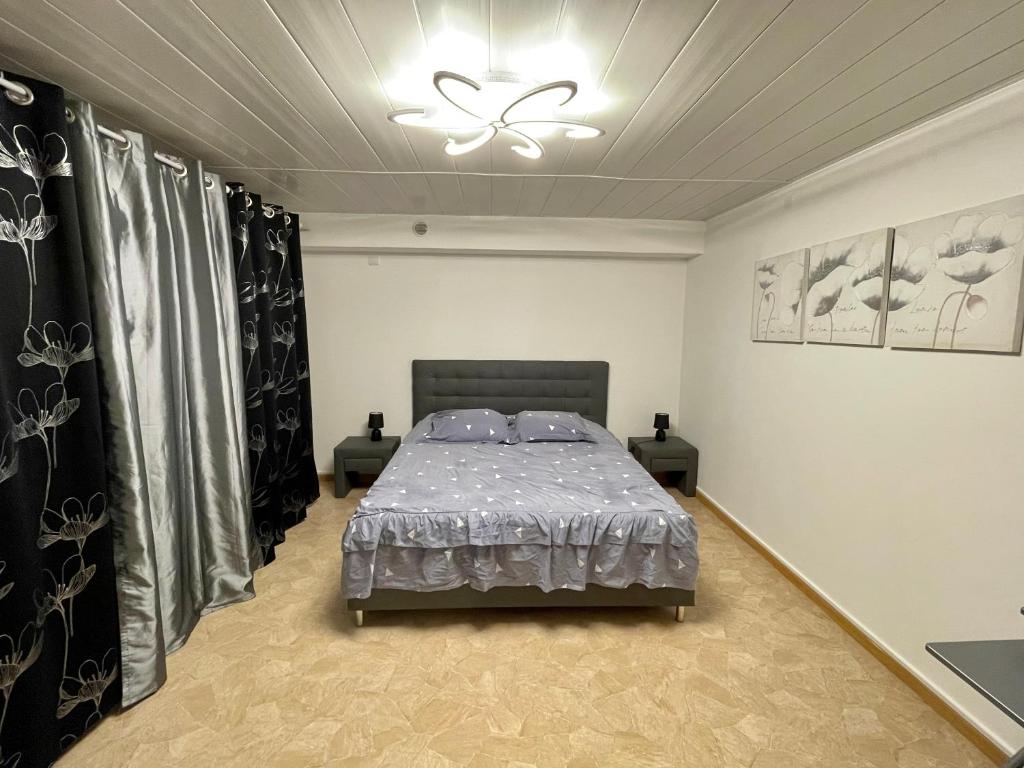 CorbelinAppartement dans maison à Corbelin proche Walibi的一间卧室设有一张床和天花板