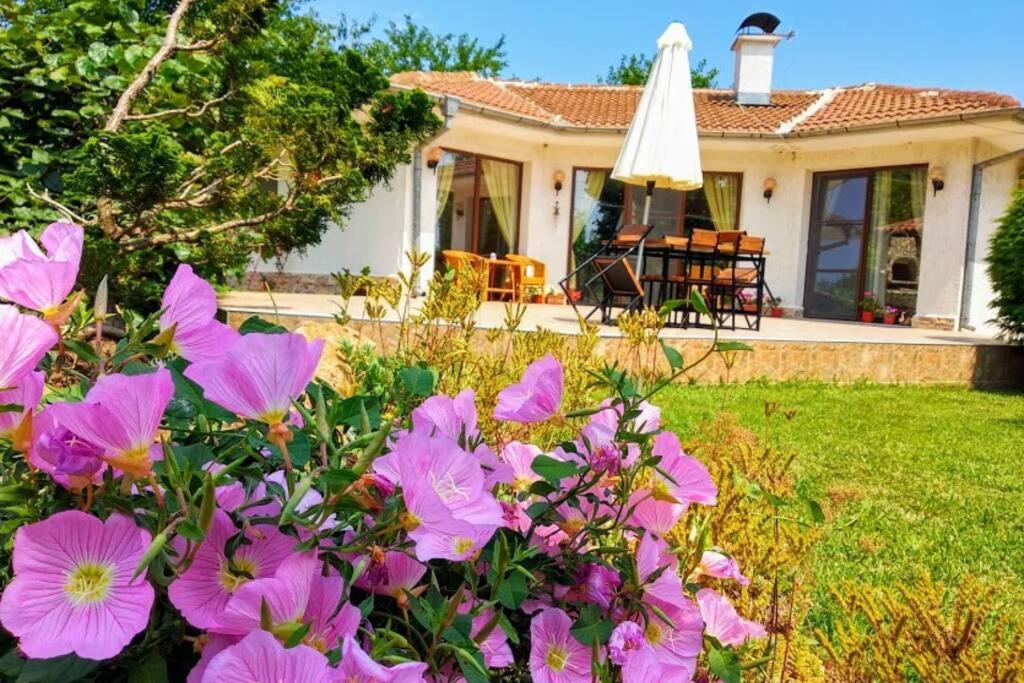 沙布拉Guesthouse Oasis-Shabla的院子里有粉红色花的房子