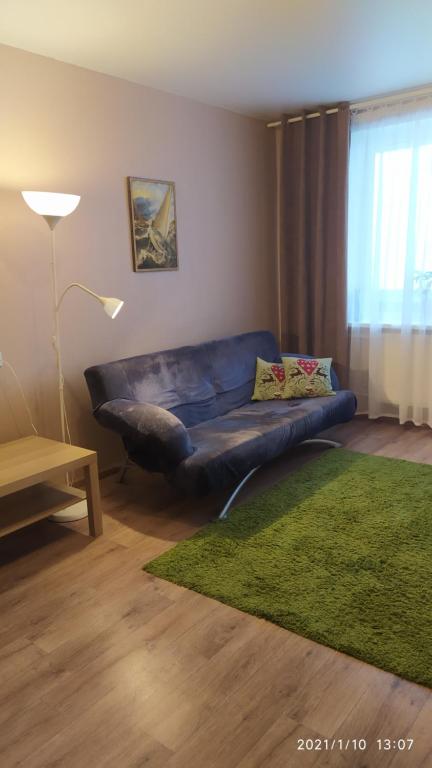 索尔塔瓦拉Bondareva Street Apartment的客厅配有蓝色的沙发和绿色地毯。