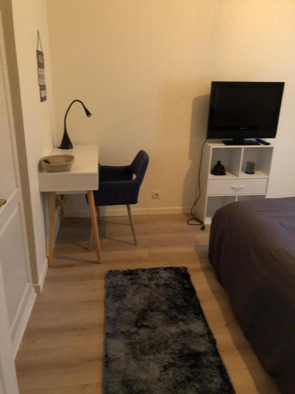 Triel-sur-SeineChambre privée Triel-sur-Seine的一间卧室配有一张床、一张书桌和一台电视