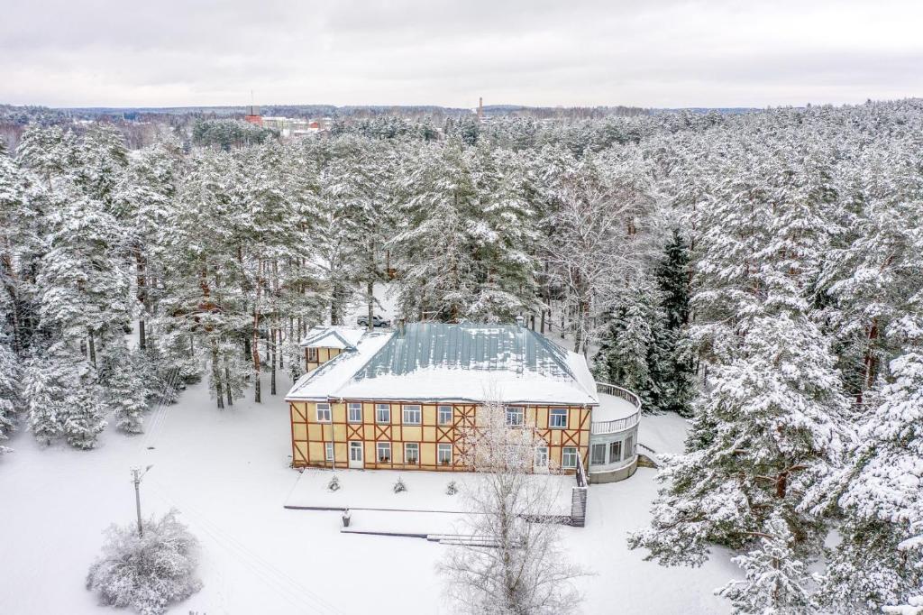 埃尔瓦维利维汽车旅馆的雪中带绿色屋顶的房子