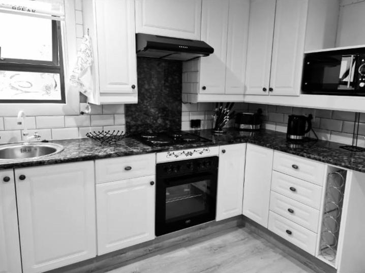 米德兰Cozy Cabin的厨房配有白色橱柜、水槽和烤箱。