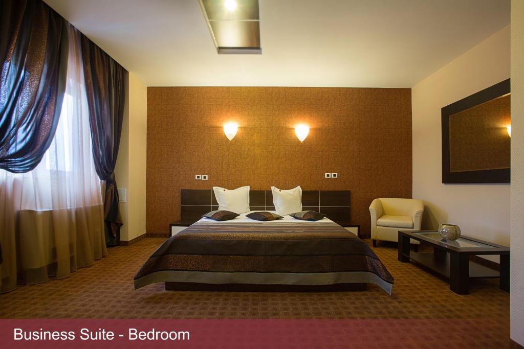 布加勒斯特布加勒斯特国际商务酒店的配有一张床和一把椅子的酒店客房