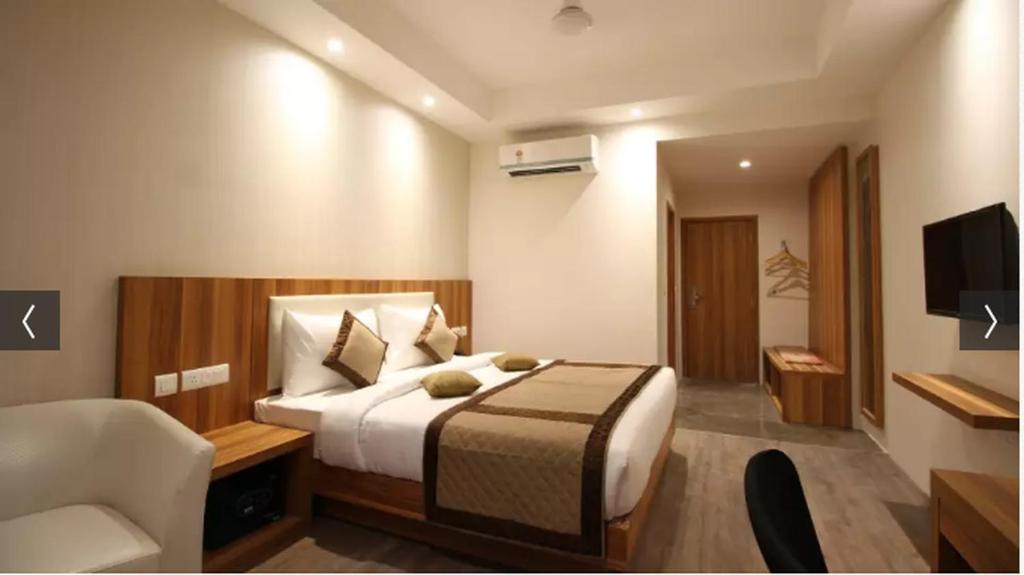 赖布尔Hotel Le Roi Raipur at Raipur Railway Station的一间卧室配有一张床、一把椅子和电视
