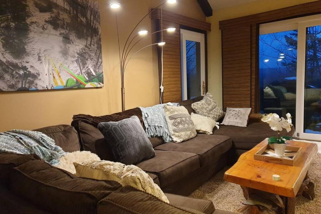 坦纳斯维尔180 SKI CAMELBACK-SKI-ON -SKI OFF,SNOW TUBING,Paintball的客厅配有棕色沙发和桌子