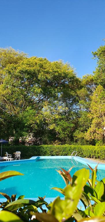 萨尔塔波萨达普拉杜酒店的一座绿树成荫的蓝色游泳池