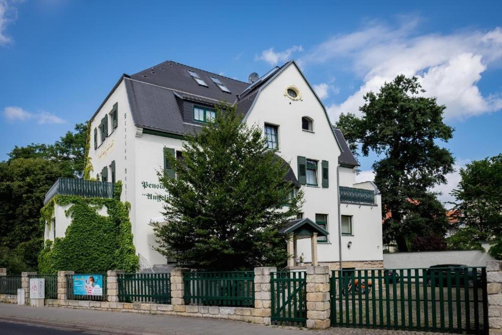 德累斯顿Villa Angelika的铁栅后面有黑色屋顶的白色房子