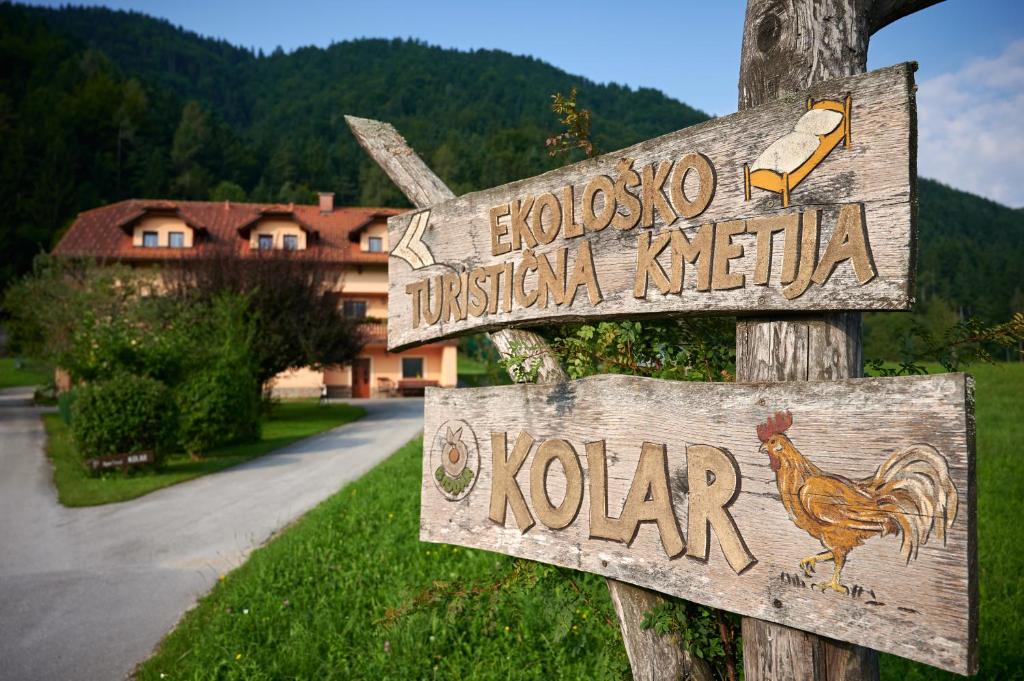 LjubnoTourist farm Kolar的村子的木头标志,上面有鸡