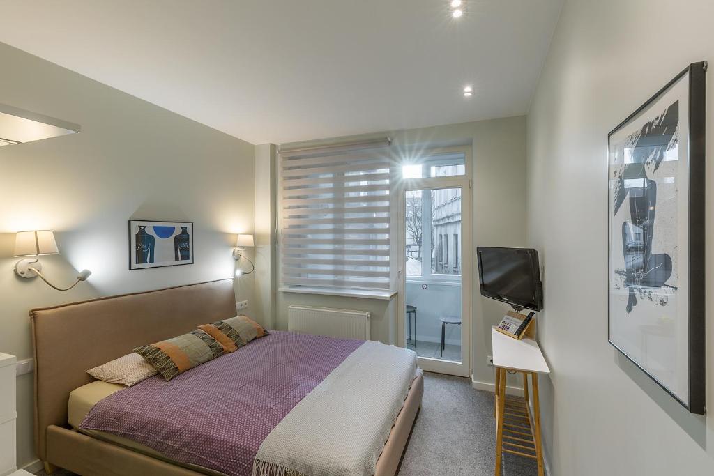 考纳斯Art & Comfort Rooms的一间卧室设有一张床、一台电视和一个窗口。