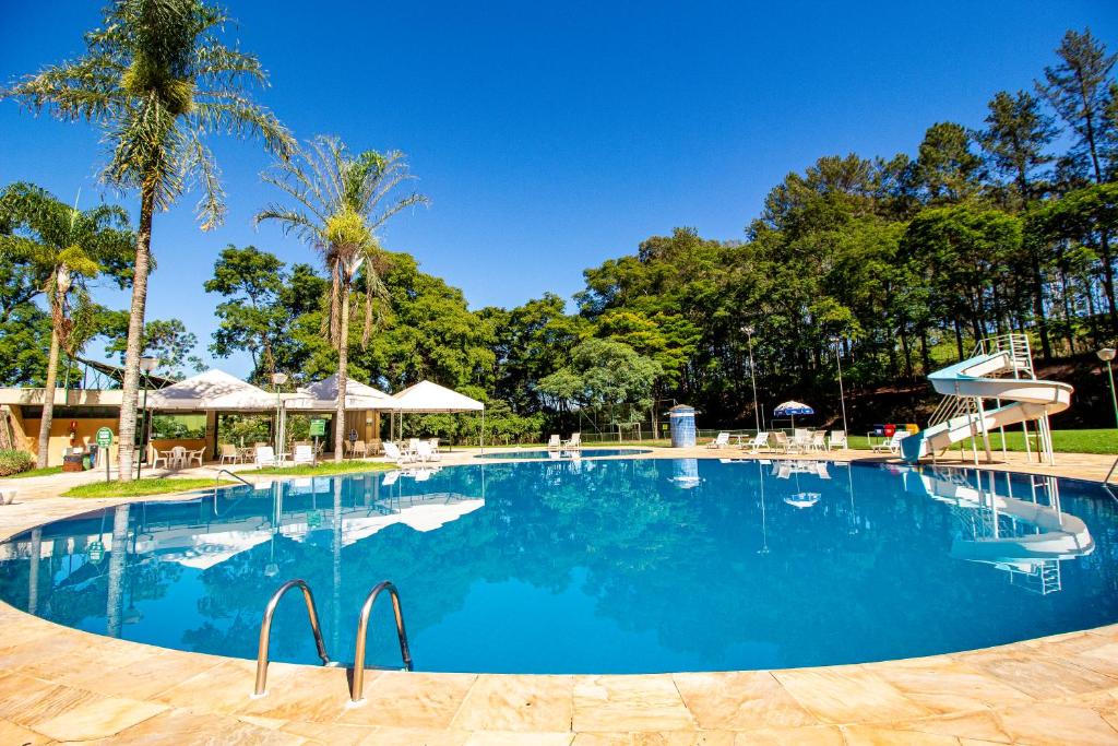 阿拉沙Hotel Nacional Inn Araxá Previdência的一座拥有蓝色海水和棕榈树的游泳池