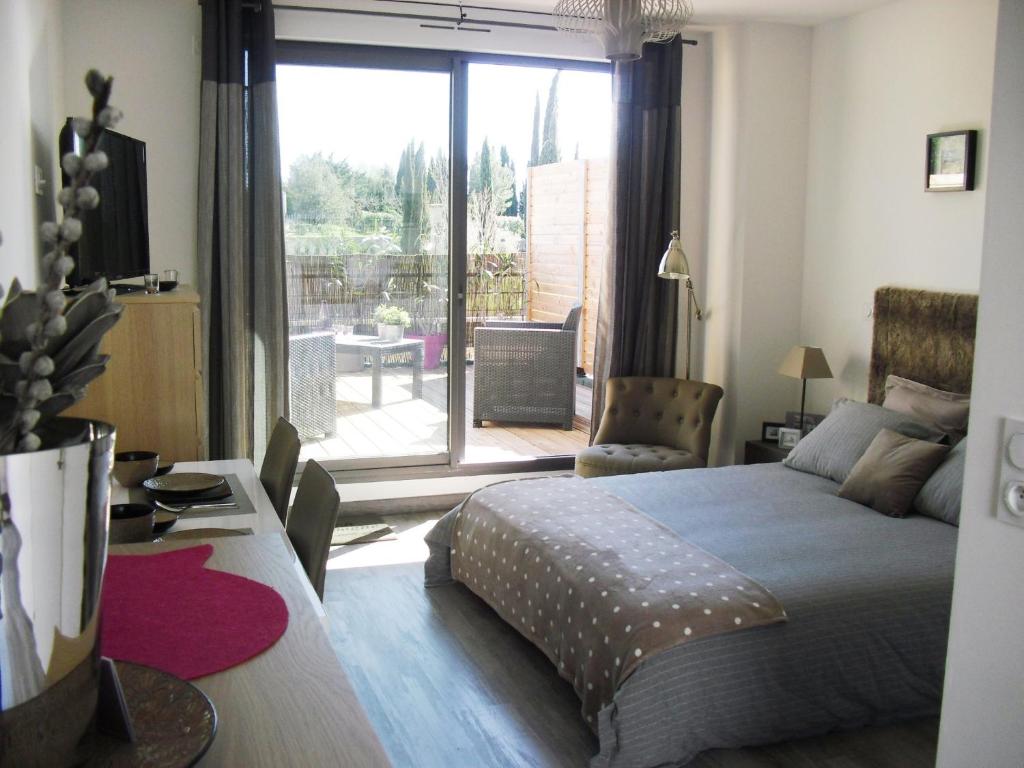 普罗旺斯艾克斯德塞夫勒帕斯达克斯公寓的一间卧室配有一张床,享有庭院的景色