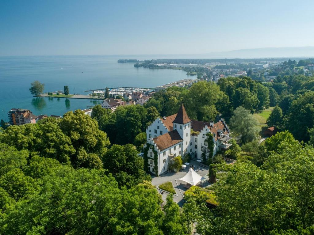 罗尔沙赫伯格施洛斯瓦特台歌酒店的湖岸房屋的空中景观