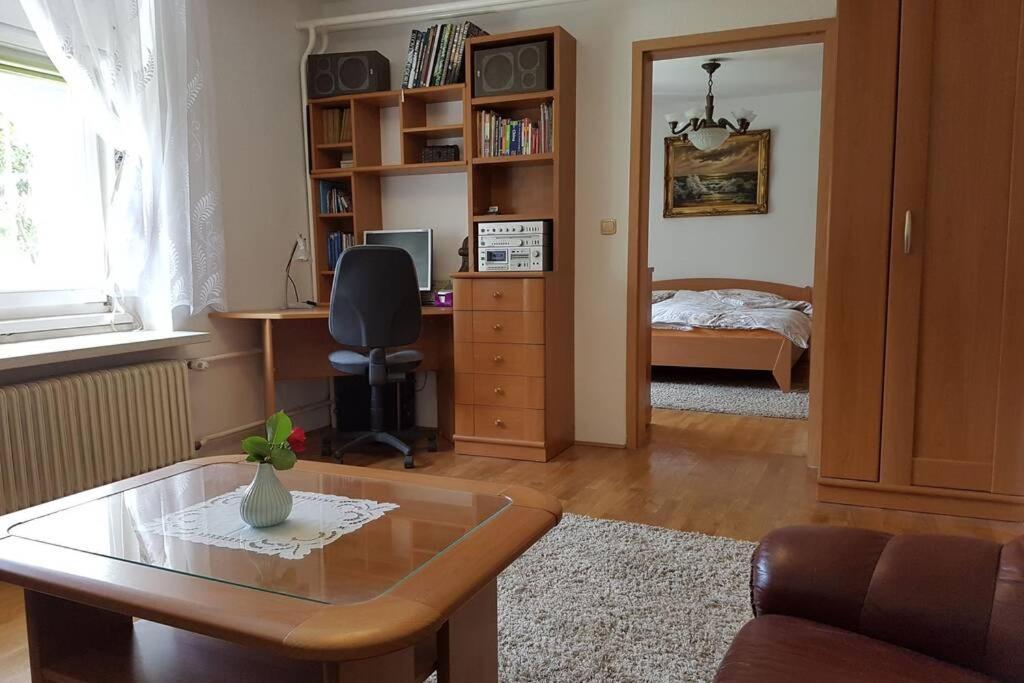 马里博尔Welcome to enjoy Maribor !的一间带书桌的客厅和一间卧室