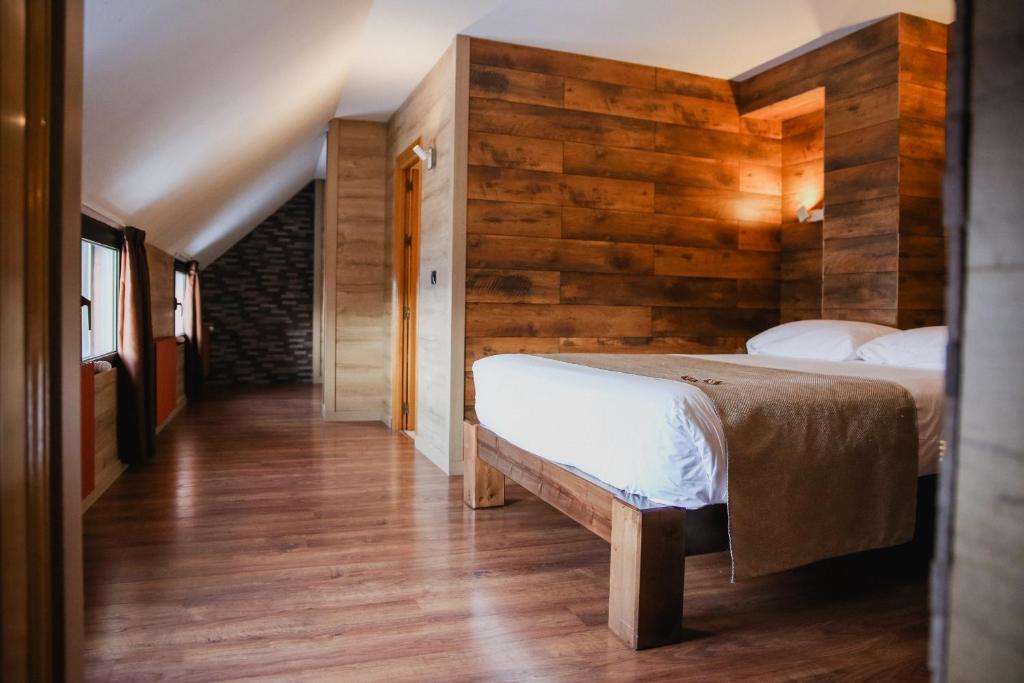 帕斯底拉卡萨卡尔鲁伊斯酒店的一间卧室设有一张床和木墙