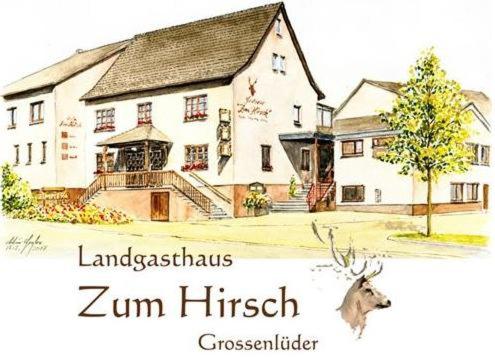 GroßenlüderHotel- Restaurant Zum Hirsch的前面有鹿的房子的画