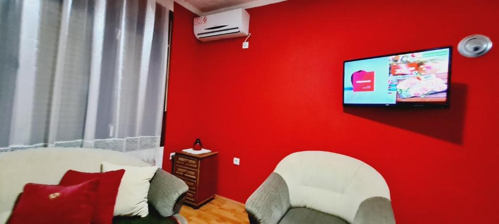 索科矿泉村Felix Apartment的红色的房间配有沙发和墙上的电视